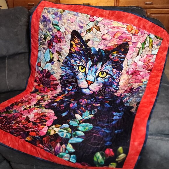 Psychedelic Cat! New and Handmade! Lap Size Quilted Throw 40" x 48" - Picture 1 of 10